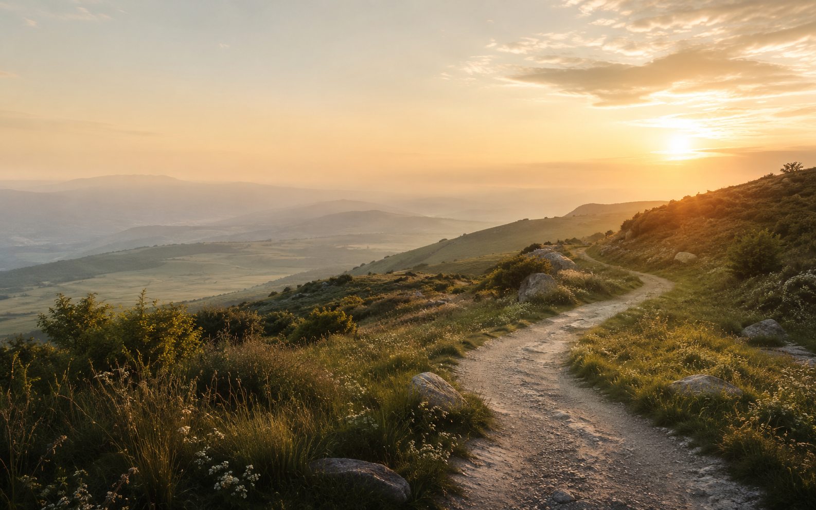A winding mountain path illuminated by a golden sunrise