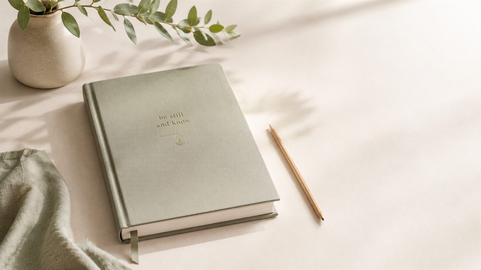 A sage green reflection journal and pencil in soft morning light